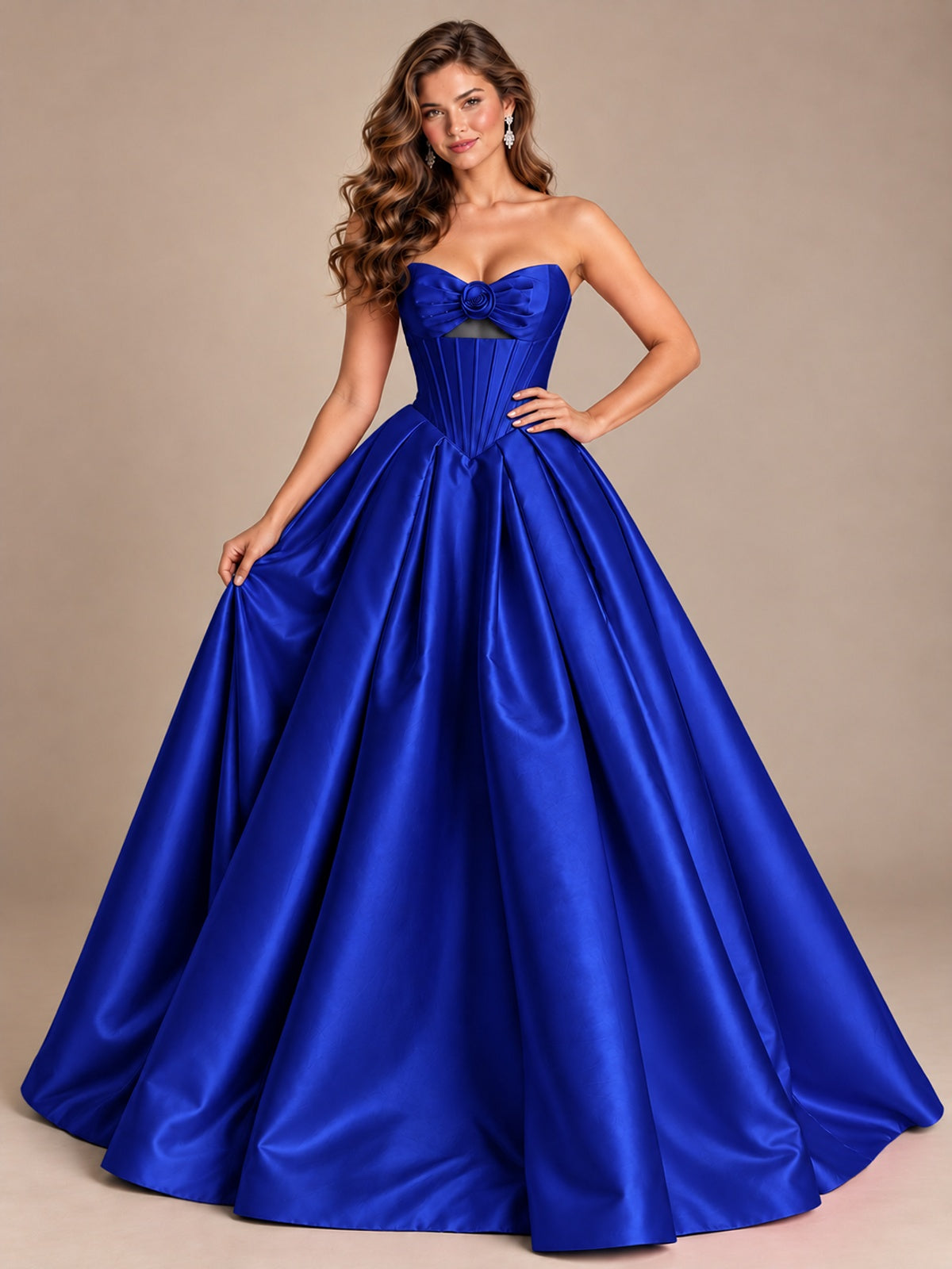 Pink Strapless Corset Satin Prom Derss & Ball Gown with 3D Floral