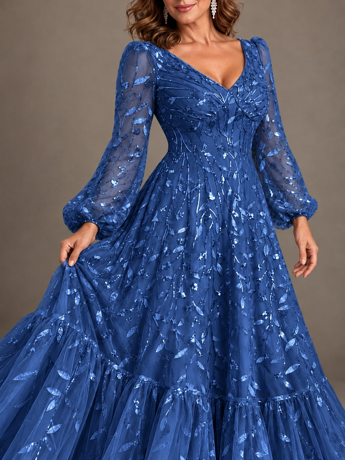 Floral Sequin Embroidered A-Line Mother of the Bride Dress with Long Sleeves