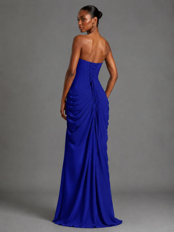 Strapless Bodycon Pleated Chiffon Formal Dress with Slit