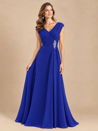 V Neck Pleated Mother of The Bride Dresses with Beading Cap Sleeves