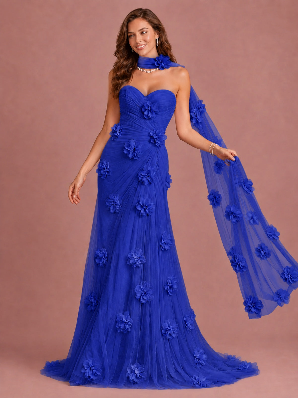 Blush Pink Strapless Sweetheart 3D Floral Tulle Mermaid Prom Dress