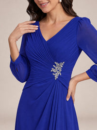 V-Neck Pleated Chiffon Mother of the Bride Dress with Flutter Sleeves