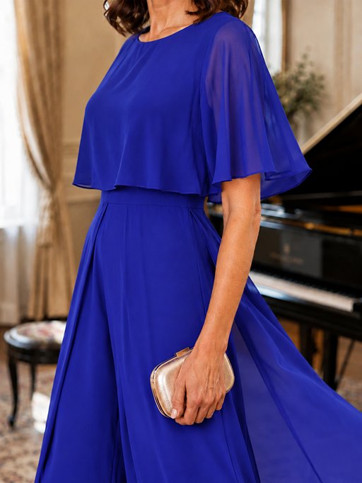 Chiffon Mother of the Bride Jumpsuit with Layered Cape Sleeves
