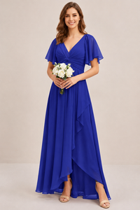 Dusty Blue Chiffon Bridesmaid Dress with Flutter Sleeves & High-Low Hem