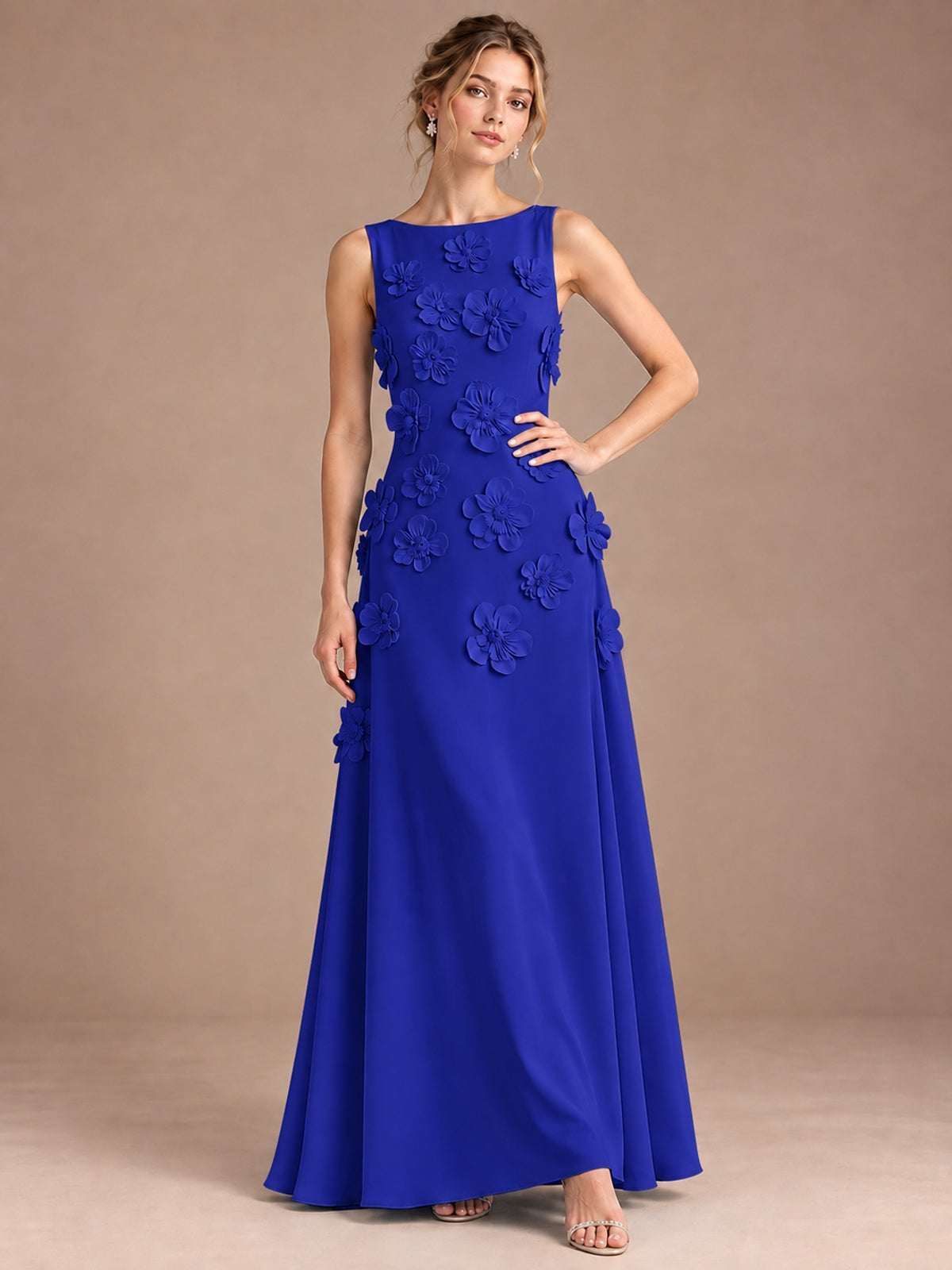 3D Floral Applique Sleeveless Formal Maxi Dress