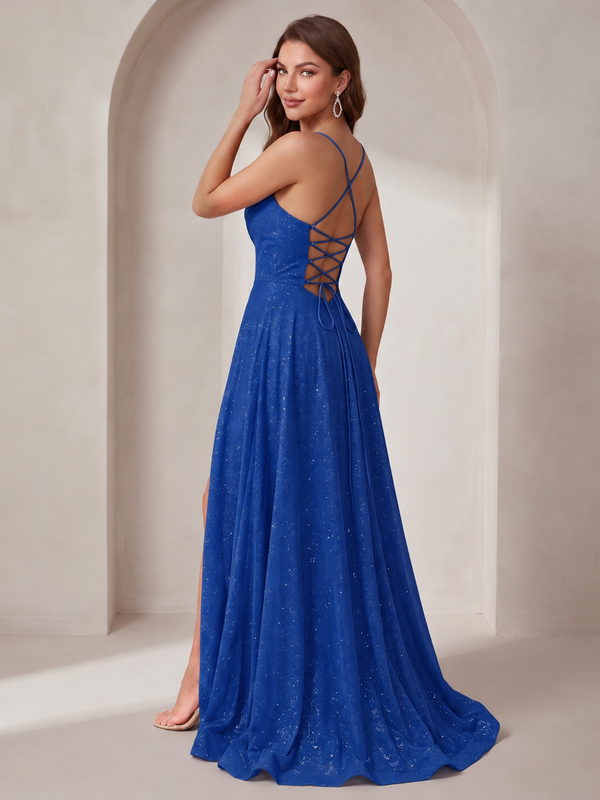 Sparkly Cowl Neck Corset Long Prom Dress with Slit A-line Tulle Ball Gown