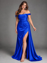 Off Shoulder Satin Maxi Dress with Slit