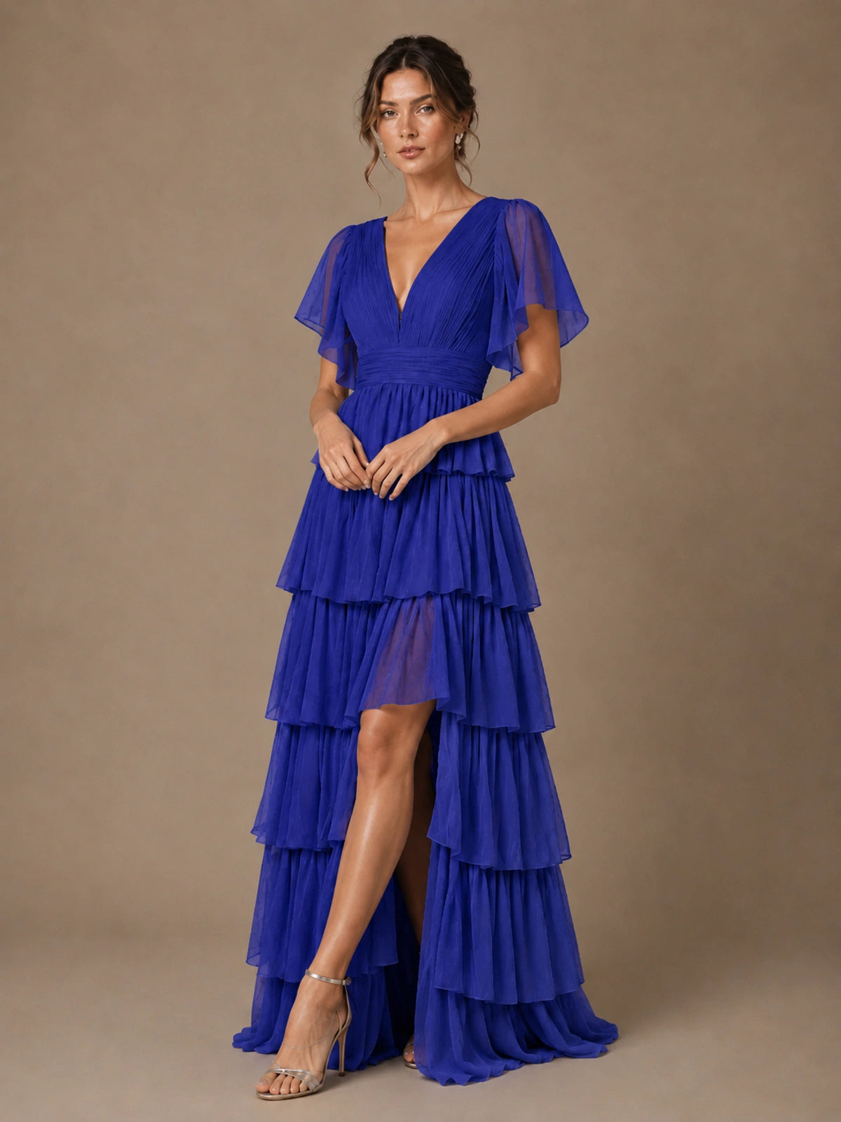 Chiffon V-Neck Tiered Ruffle Bridesmaid Dress with Slit