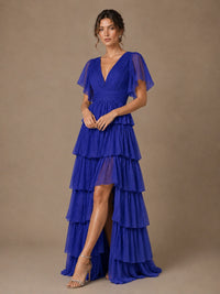 Chiffon V-Neck Tiered Ruffle Bridesmaid Dress with Slit