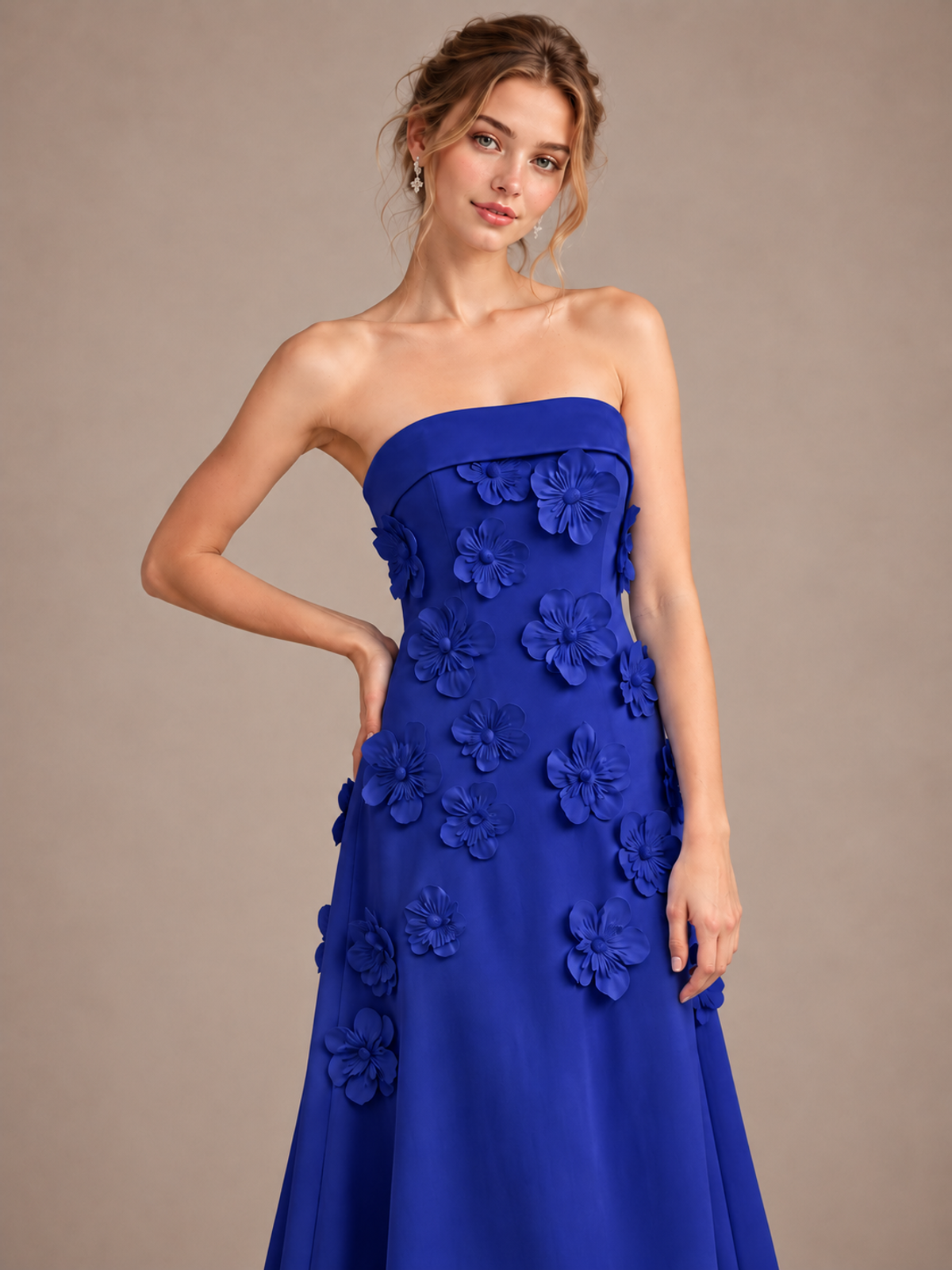 Yellow Strapless 3D Floral Appliques Maxi Dress