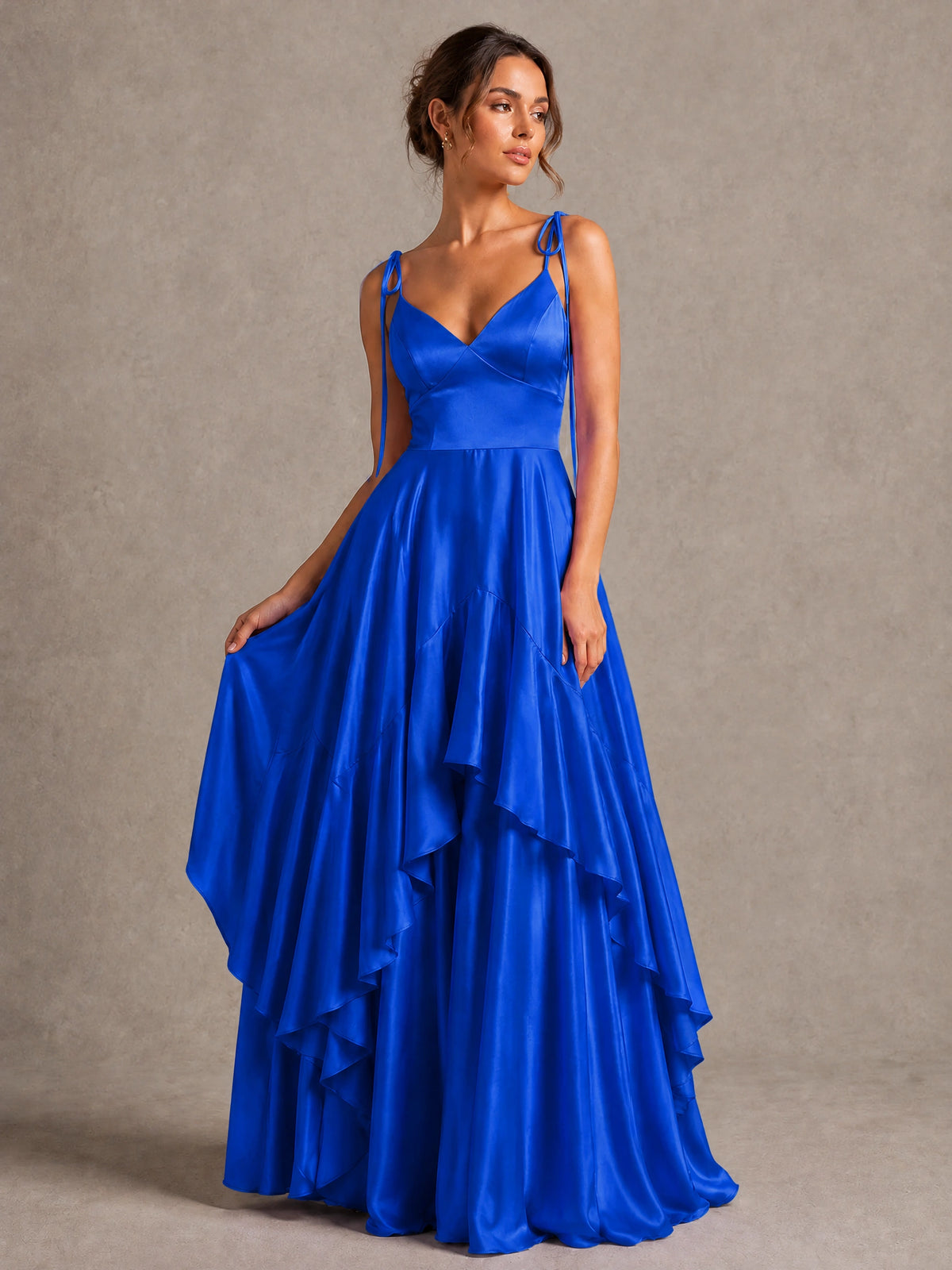 Lavender Satin V-Neck Ruffle Maxi Dress
