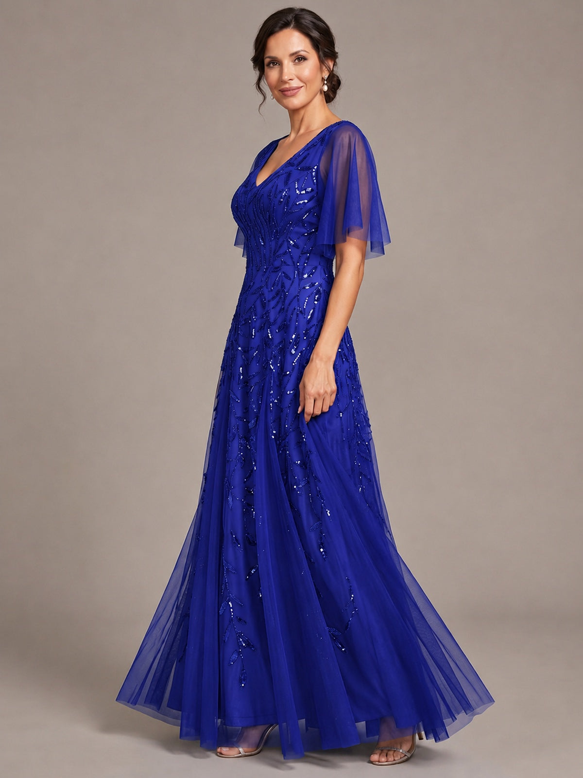 V-Neck Sequin Tulle Mother of the Bride Dress with Flutter Sleeve