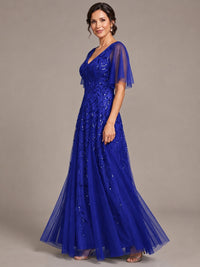 V-Neck Sequin Tulle Mother of the Bride Dress with Flutter Sleeve