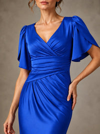 V-Neck Satin Mother of the Bride Dress with Flutter Sleeves