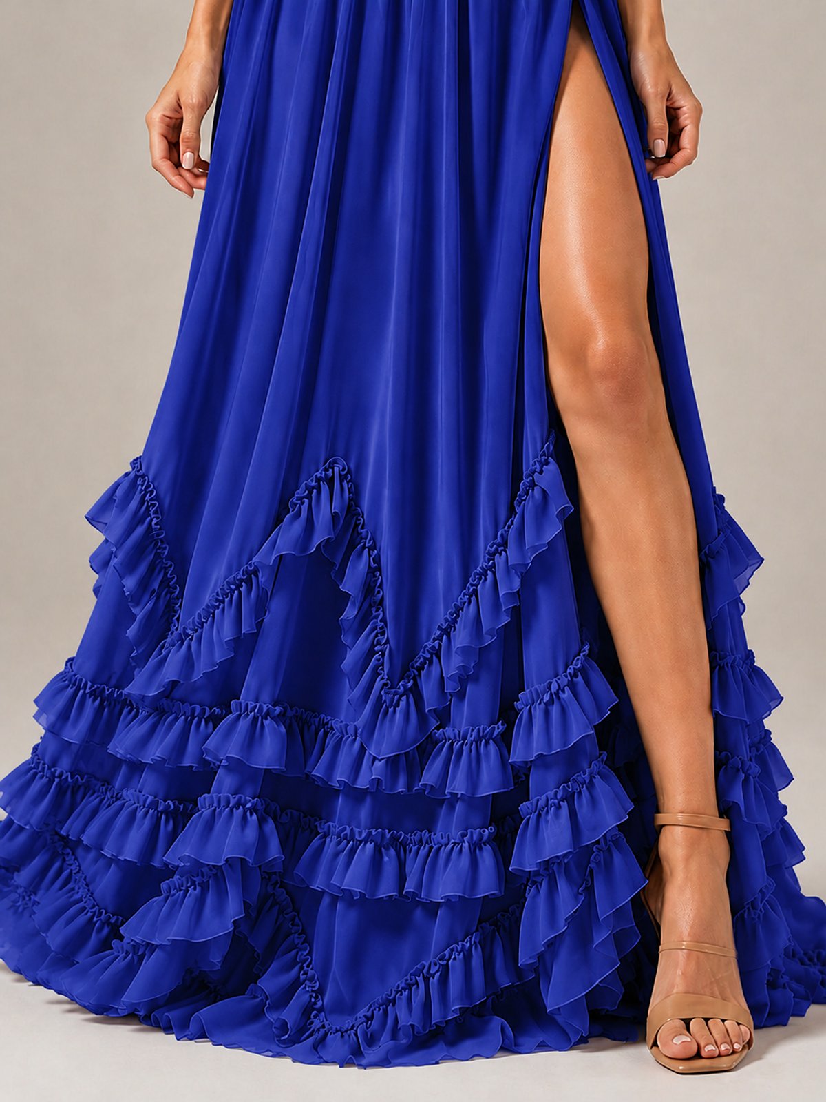 Halter V Neck Chiffon Formal Dress with Lace-Up Back and Ruffle Hem