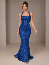 Gold Halter Sequin Mermaid Ruched Prom Dress Long Ruched Evening Gown
