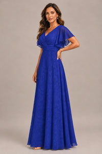 Jovellee Floral Chiffon A-Line Mother of the Bride Dress with Flutter Sleeves