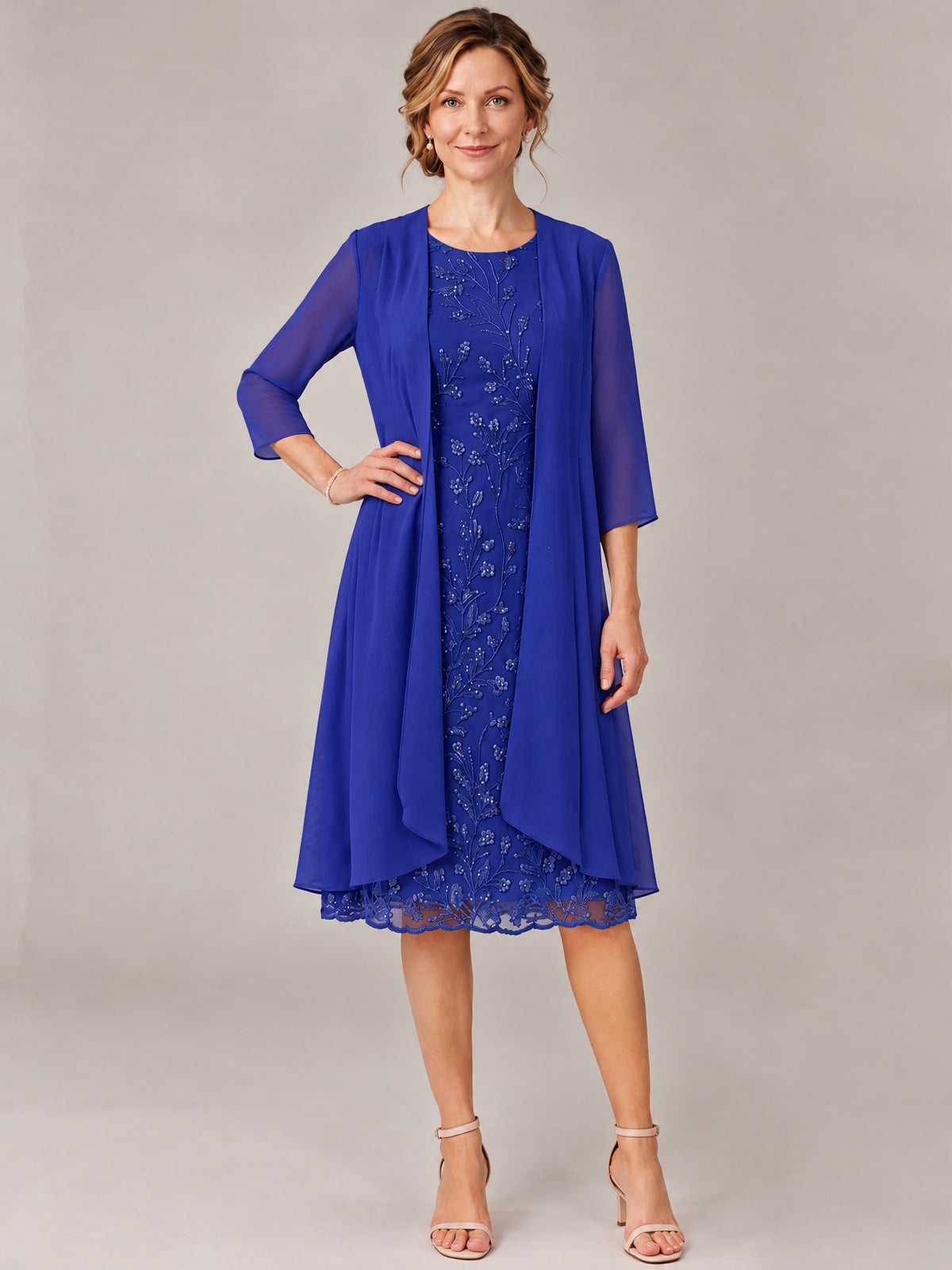 Tea Length Sequin Lace Mother of The Bride Dress with Chiffon Jacket