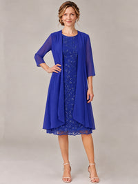 Tea Length Sequin Lace Mother of The Bride Dress with Chiffon Jacket
