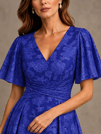 V-Neck Floral Jacquard Tea-Length Mother of the Bride Dress