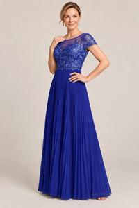 Embroidered Lace Pleated Mother of the Bride Dress
