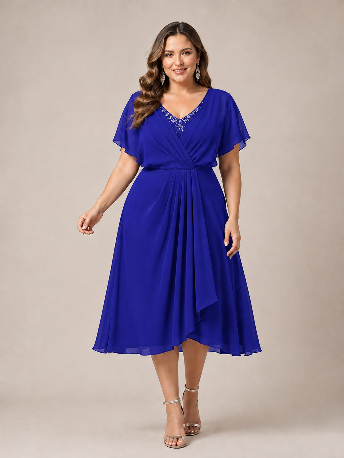 Navy Blue A-Line V-Neck Tea-Length Mother of the Bride Dress