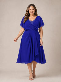 Navy Blue A-Line V-Neck Tea-Length Mother of the Bride Dress