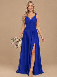 Pleated Chiffon V Neck Wedding Bridesmaid Dresses Floor Length with Slit