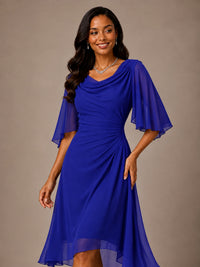 Cowl Neck Ruched Chiffon Mother of the Bride Dresses with Flutter Sleeves
