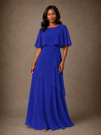 Taupe Chiffon A-Line Mother of the Bride Dress with Cape Sleeves