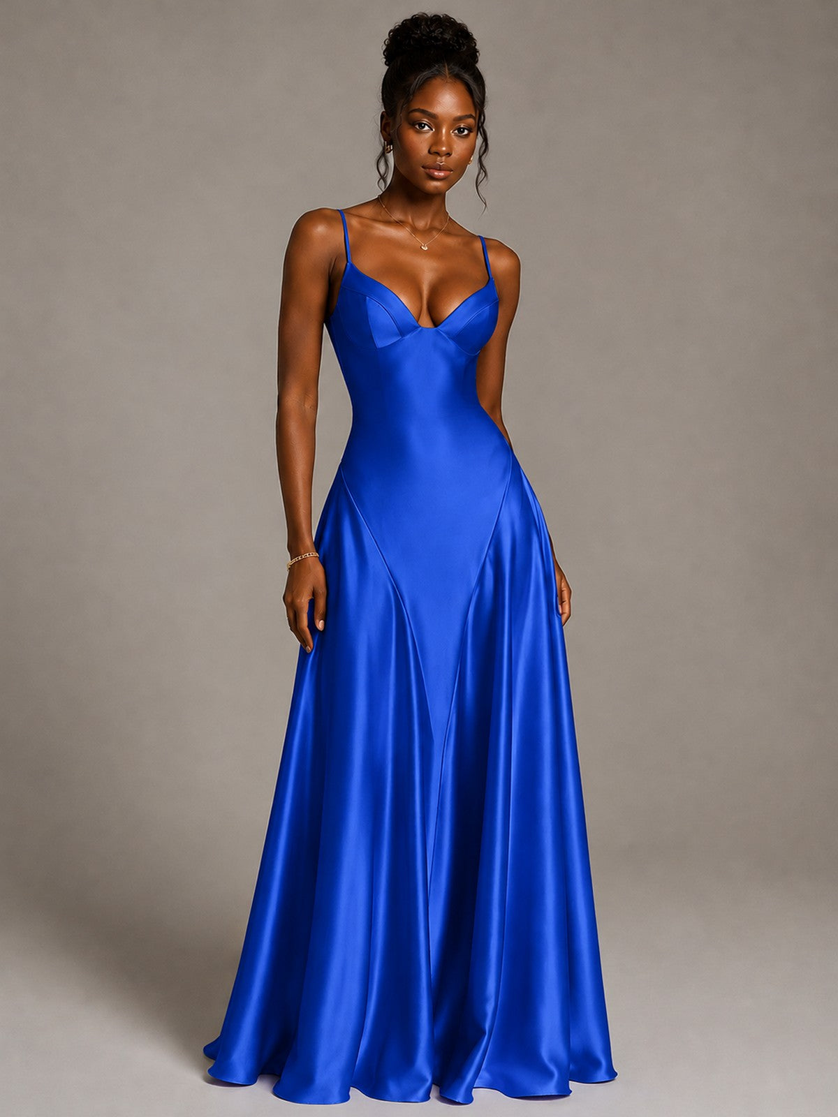 Lavender V Neck Satin Prom Dress with Spaghetti Straps