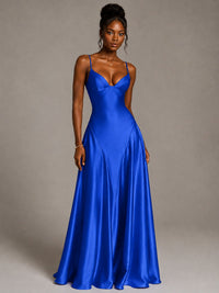 Lavender V Neck Satin Prom Dress with Spaghetti Straps