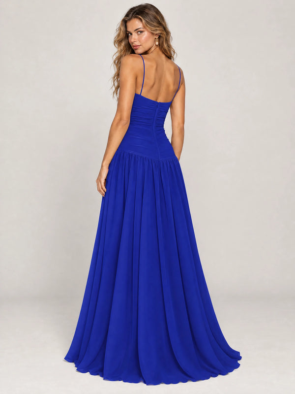 Butter Yellow Ruched Spaghetti Strap Drop-Waist Prom Dress