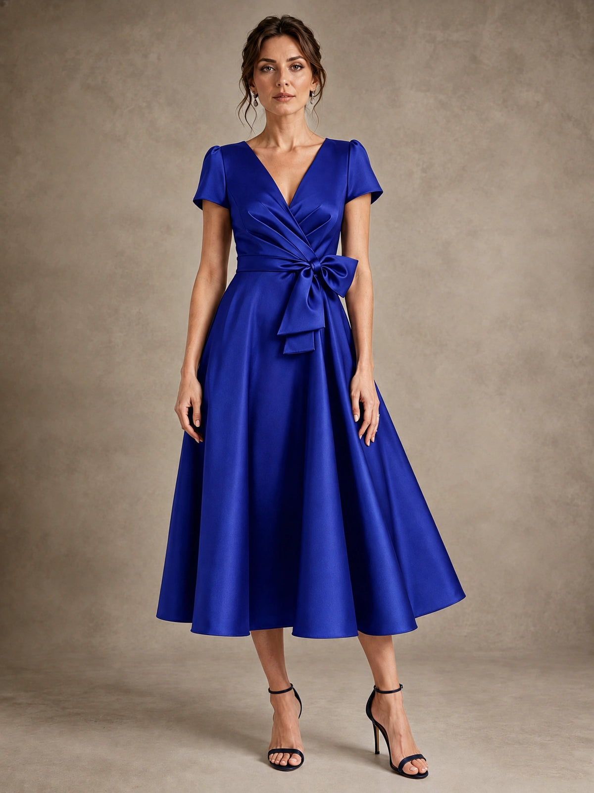 Royal Blue V-Neck Tea-Length Satin Mother of the Bride Dress with Bow Jovellee