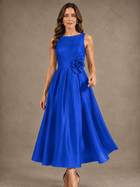 Tea-Length Satin Mother of the Bride Dress with 3D Flower Detail