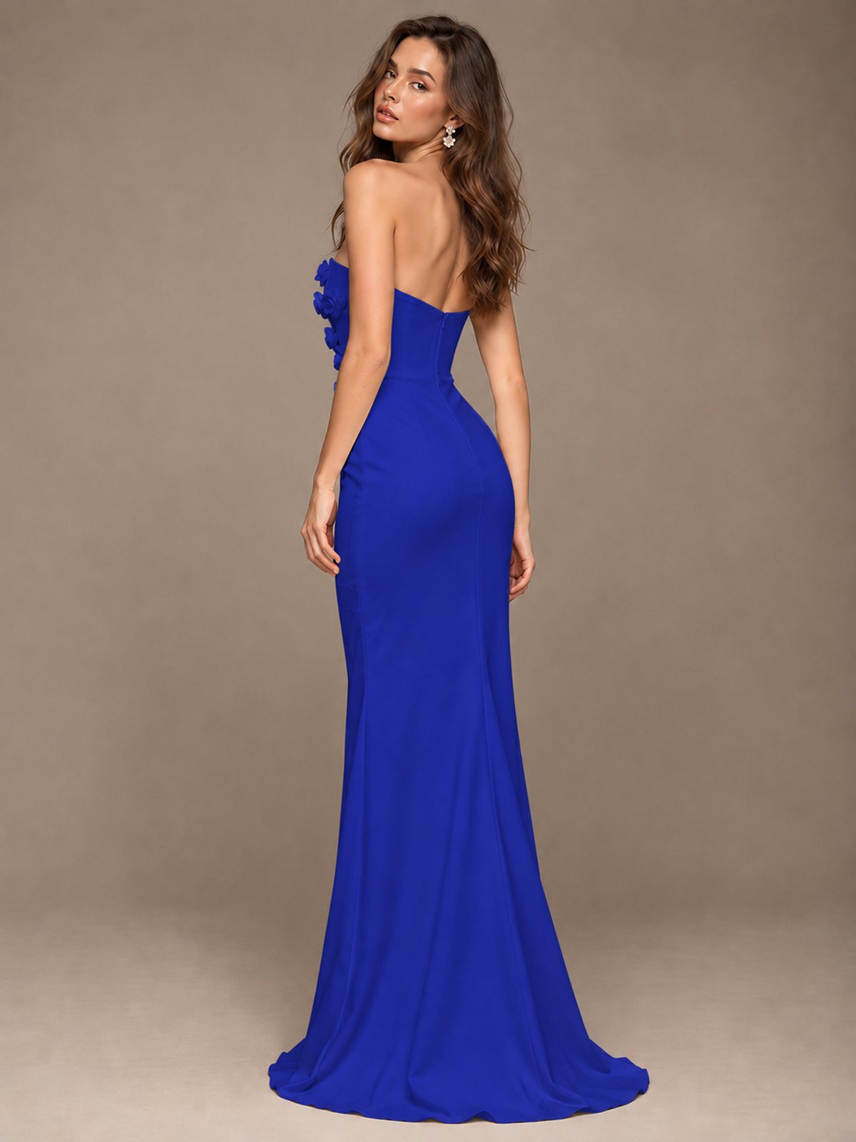 White Strapless Mermaid Maxi Dress with 3D Floral Appliques