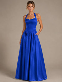 Light Yellow Halter Neck Satin A-Line Maxi Dress with Pockets