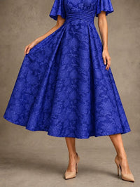 V-Neck Floral Jacquard Tea-Length Mother of the Bride Dress