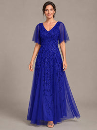 V-Neck Sequin Tulle Mother of the Bride Dress with Flutter Sleeve