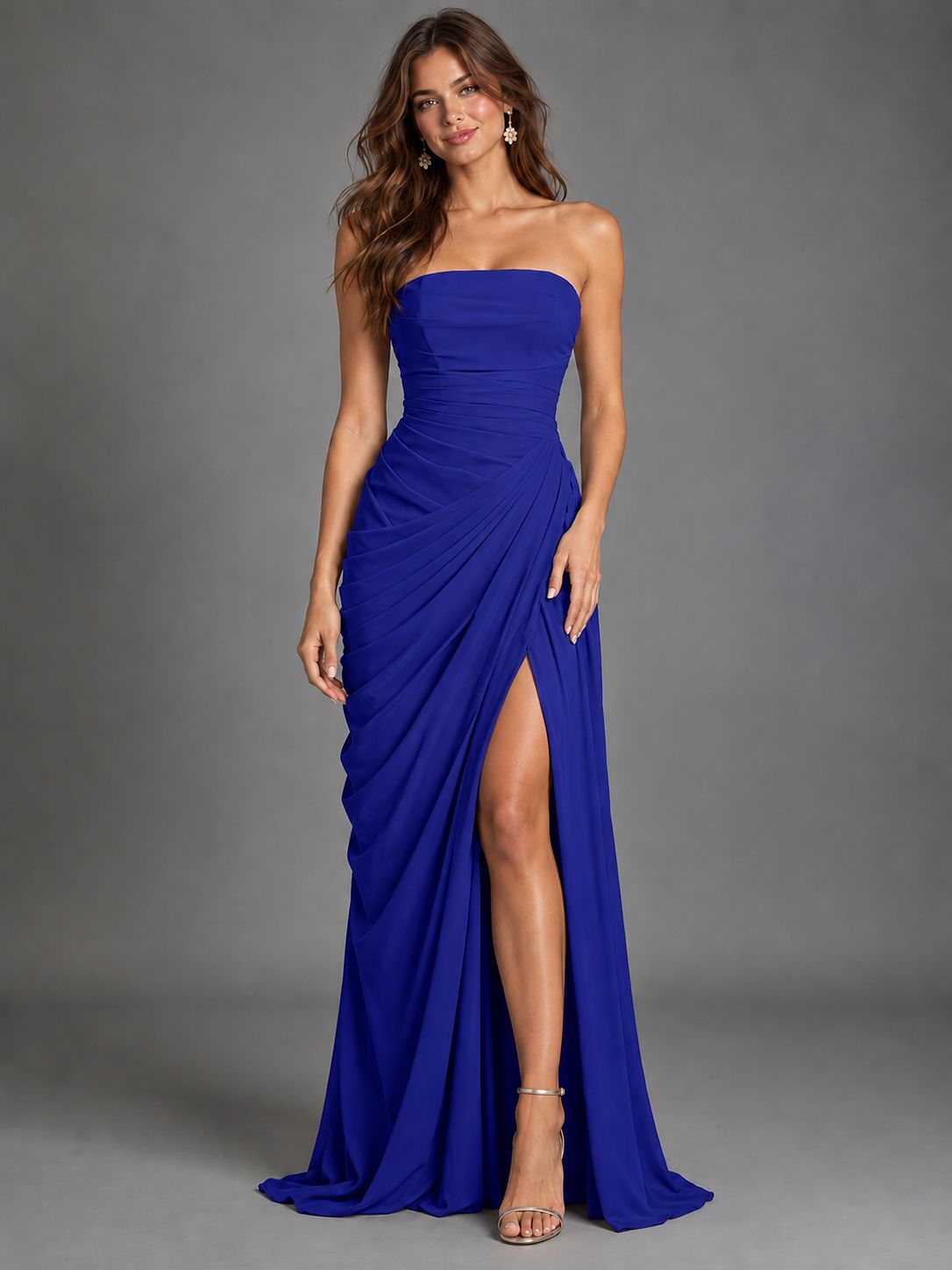Strapless Bodycon Pleated Chiffon Formal Dress with Slit