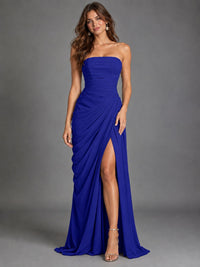 Strapless Bodycon Pleated Chiffon Formal Dress with Slit