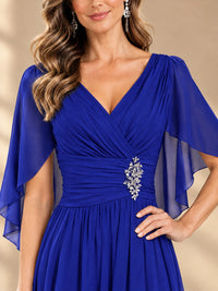 Ruched V Neck Mother of The Bride Dresses with Shawls Appliques and Cap Sleeves