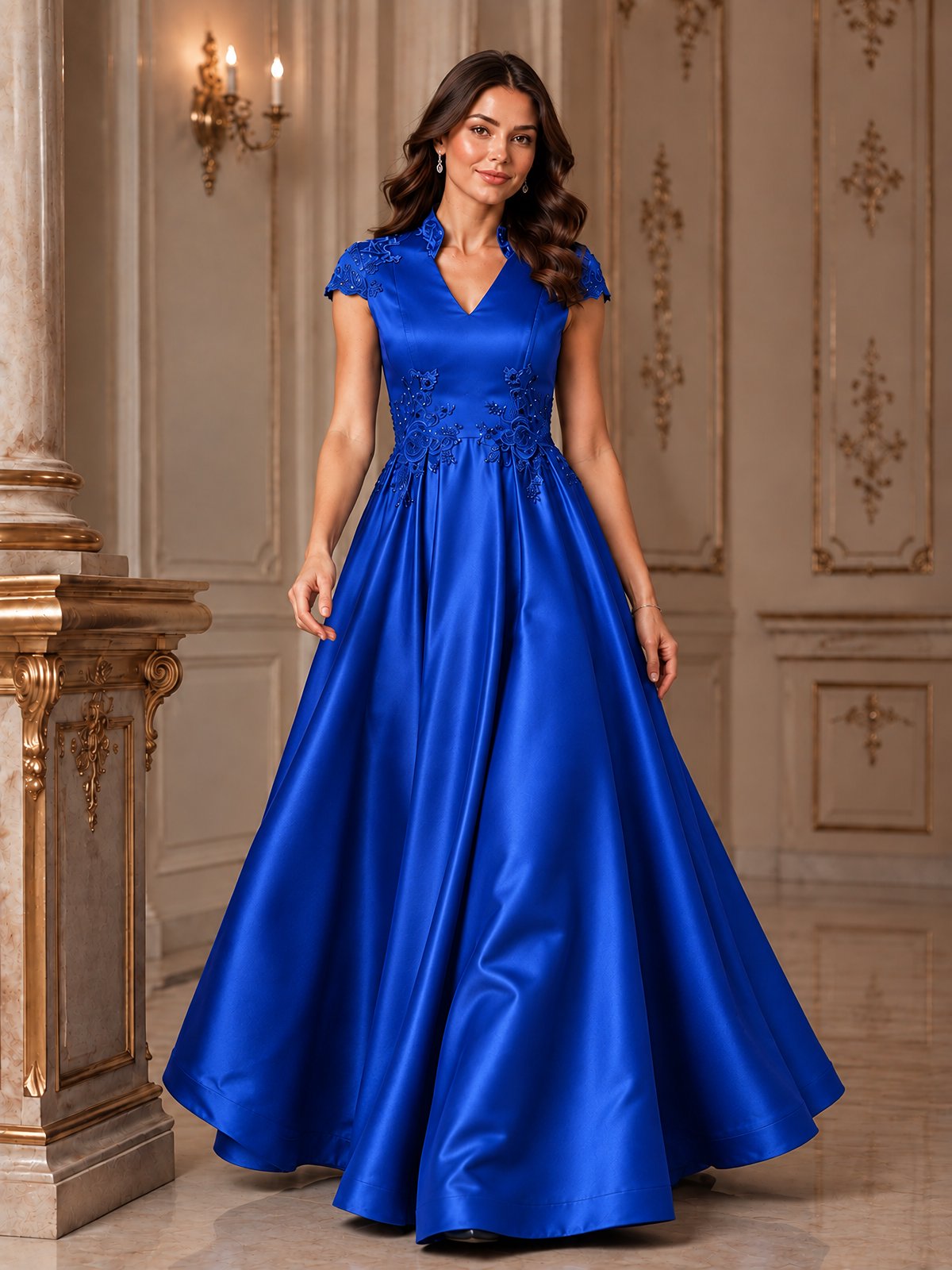 Lace Appliqué A-Line Satin Maxi Dress