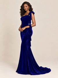 Black Velvet One-Shoulder Mermaid Evening Gown with Bow & Ruffles