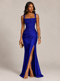 Scoop Neck Sequin Prom Dress with High Slit Satin Formal Gowns