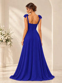 Ruffle Slit Chiffon A Line Scoop Neck Bridesmaid Dresses with Pockets