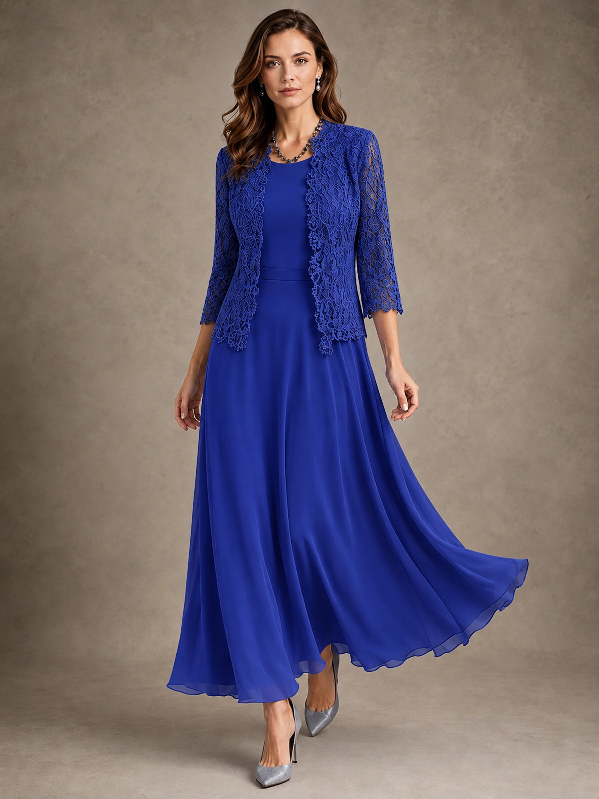 2-Piece Chiffon Mother of the Bride Dress with Lace Jacket