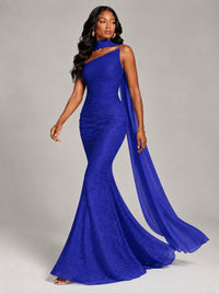 Pleated Chiffon Lace Prom Dresses Long Bodycon Mermaid with Scarf