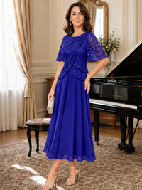Tea-Length Chiffon Mother of the Bride Dress with Sequin Lace Sleeves