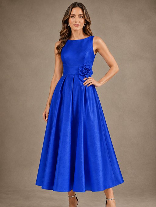 Tea-Length Satin Mother of the Bride Dress with 3D Flower Detail